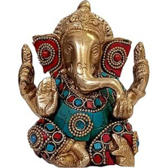 Purpledip Ganapathi or Vinayaka Christmas Tree Statue of the Lord Solid Brass with Turquoise Gems Hindu Religious God 10320