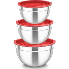 Teamfar Mixing Bowl with Lid, Stainless Steel Bowl, Salad Bowl, Set of 3 - 4.5 L / 2.5 L / 1.5 L, Bowl Set Perfect for Baking/Preparing/Serving, Dishwasher Safe, Red