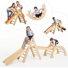 Goodevas 4-in-1 Montessori Indoor Climbing Frame Set for Children – Wooden Pikler Triangle, Round Arch & Climbing Ramp & Net Indoor Play Gym for Children – Baby Toy Jungle Gym for Toddlers Aged 1–3