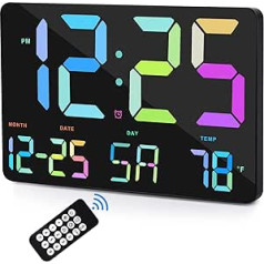 Sukeen 11.5 Inch LED Digital Wall Clock, Large Display with Remote Control, Digital Wall Clock with Date, Day of the Week, Temperature, Colour Numbers, 12/24H, Wall Clock Without Ticking Noises for Living