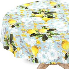 Anro Round Oilcloth Tablecloth, Washable, 120 cm, Cut Edge, Lemon Motif, Garden Tablecloth