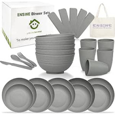 Ensine 42-Piece Camping Crockery Set for 5 People with Carry Bag, Picnic Tableware Sets, Plastic Tableware, Reusable, Safe Cups for All Occasions, Grey