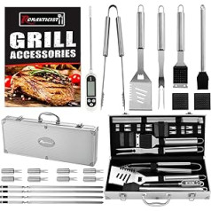 Romanticist 21PC Barbecue Cutlery Case + BBQ Thermometer Stainless Steel Barbecue Utensils Set Stainless Steel Barbecue Accessories Set in Aluminium Storage Case for Camping – Ideal Barbecue Set for Men