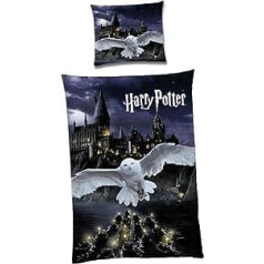 Familando Harry Potter Reversible Bed Linen Set, 135 x 200 cm, 80 x 80 cm, Children's Bed Linen Made of 100% Cotton, Owl Hedwig, Hogwarts, German Size, Summer Bed Linen