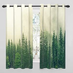 Curtains Forest Motif, Uiioooazy Curtains Opaque Green Leaves Plants Tree Motif Thermal Curtain Polyester Shade Curtains Blackout Curtains with Eyelets for Bedroom Living Room 140 x 225 cm