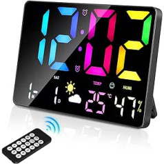 Xakay Alarm Clock Digital Large Display, Alarm Clock Bedside Table, 12 Inch Digital Wall Clock with Remote Control, LED Luminous Numbers RGB Night Light, Date, 12/24H, 0-100% Dimming, Temperature and