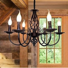 JIINOO Chandelier in Traditional Country House Style, Vintage Height-Adjustable Wrought Iron Candlestick, 6 Lights, Ceiling Lamp, Farmhouse, Classic Pendant Light for Kitchen, Dining Room, Living Room