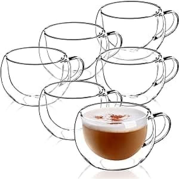KADAX Double-walled glass cup, 280 ml, coffee glass, thermal glass for tea, coffee, cappuccino, water, espresso, ice cream, glass with handle, coffee cup, tea glass with floating effect (6)