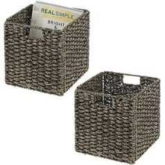 mDesign Set of 2 Storage Baskets - Foldable Seagrass Storage Box - Woven Shelf Basket - Ideal for Storage on Cube Shelves - Black