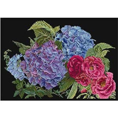 Thea Gouverneur - Kreuzstich-Set - Hortensie & Rose - Aida Schwarz - 18 Count - Für Erwachsene - 442.05