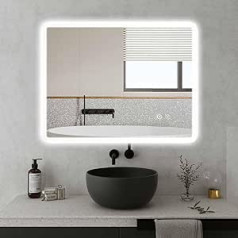 SaniteModar LED Bathroom Mirror 50 x 70 cm, Bathroom Mirror with Equal Lighting Strips, Wall Mirror with Three-Colour Lights, Anti-Fog, Touch Switch