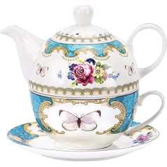 fanquare Vintage Rose Flower Tea for One Set, Turquoise Porcelain Coffee Cup Set with Teapot, Cup and Saucer