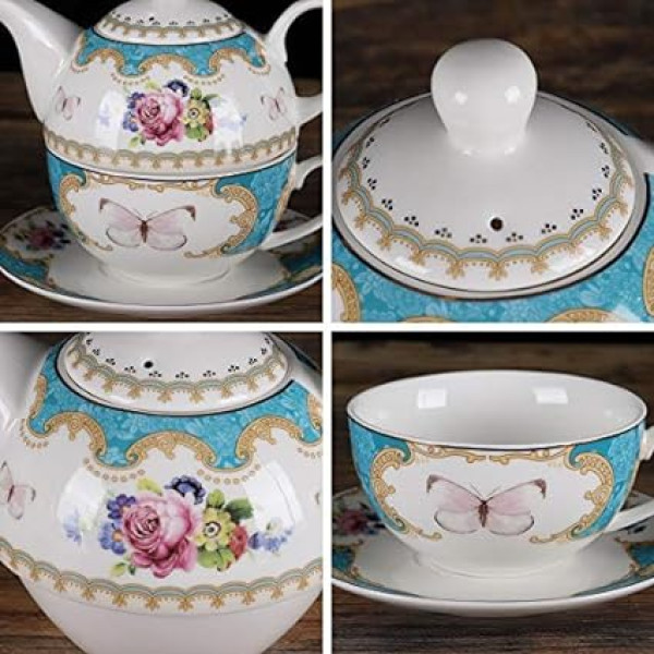 fanquare Vintage Rose Flower Tea for One Set, Turquoise Porcelain Coffee Cup Set with Teapot, Cup and Saucer
