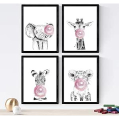 Nacnic Poster for Children's Room. Wild Animals in Black and White with Pink Bubblegum. Elephant, Giraffe, Zebra and Lion. Baby Children Decoration A3 without Frame