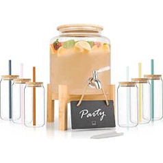 SÄNGER Bowl Set with Glasses, Straws and Glasses, Punch Container with Wooden Lid, Drinks Dispenser with Tap Including 6 Glasses, Drinks Dispenser for Mulled Wine and Punch, 5 Litre Glass Container