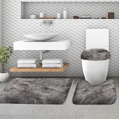 McEu Bathroom Rug Set 3-Piece Non-Slip Washable Bath Mat Set, Fluffy High Pile Absorbent Bath Mat Bath Mat Set with Toilet Lid Cover, 80 x 50 cm + 50 x 50 cm + 38 x 47 cm (Grey)