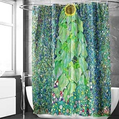 Berkin Arts 180 x 180 cm Shower Curtain with Flower Floral Art Design Waterproof Washable Polyester Bath Curtain Shower Curtain with 12 Hooks for Toilet Room Green (Gustav Klimt - Sunflower)