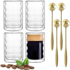 VOSSOT Latte Macchiato Glasses Set of 4 x 350 ml Double-Walled Glasses Thermal Glasses Double-Walled Cappuccino Cups with 4 Rose Spoons Coffee Glasses Tea Glasses Cappuccino Cups Coffee Espresso Cups