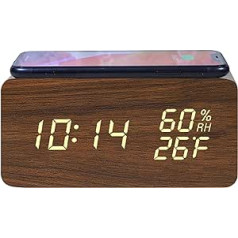 HAPPMY Digital Alarm Clock Wood with Wireless QI Charging, LED Digital Clock with 3 Alarm Settings and Display Function for Temperature and Humidity, Suitable for Living Room, Bedroom and Offices