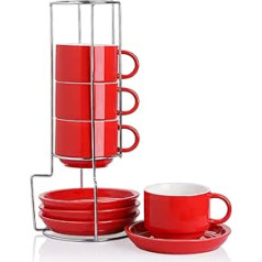 Sweejar Home Porcelain Espresso Cups with Saucers, 230 ml Stackable Cappuccino Cups with Metal Stand for Coffee Drinks, Latte, Tea, Set of 4 (Red)