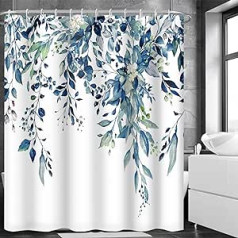 MIRRORANG Mould and Mildew Resistant Blue Floral Polyester Bath Curtain with 12 Hooks, Quick Drying Waterproof Plant Fabric Shower Curtain, 183 x 183 cm