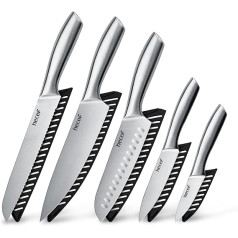 hecef Silver kitchen knife set with hollow handle, highly polished stainless steel knife, sandblasted knife with protective sheath, chef's knife with sharp blade