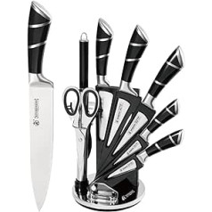 9-Piece Knife Set with Rotating Acrylic Knife Block, Black Sharp Non-Stick Coated Chef's Knife Block Set, Stainless Steel Knife Set for Kitchen with Sharpener for Cutting Cutting Dice Chopping (Black)