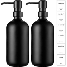 GMISUN Soap Dispenser Black, 500 ml Soap Dispenser Glass with Black Matte Pump Made of Stainless Steel and Labels, Pack of 2 Modern Detergent Dispenser for Kitchen and Bathroom, Soap Dispenser