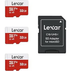 Lexar Micro SD Card 32 GB Pack of 3 Memory Cards Micro SD with SD Adapter, Up to 100 MB/s Read Speed, UHS-I, U1, A1, V10, C10, microSDHC Memory Card