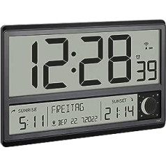 TFA Dostmann Digital XL Radio Controlled Wall Clock with Sunrise and Sunset Alarm Large Digits Moon Phase Silent Black 60.4524.01