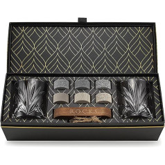 Rocks Whiskey Stones Set - 6 Handmade Round Granite Whisky Stones - 2 Whisky Glasses - Hardwood Presentation and Storage Board - Whisky Gift Set Box with Gold Foil