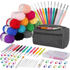 Crochet Set for Beginners Crochet Hook Set 15 Pieces x 25 g Crochet Yarn 2 mm - 8 mm Ergonomic Crochet Hooks Crochet Set Knitting for Beginners Set Portable Bag Knitting Accessories (Grey)