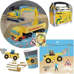 Construction Site 76tlg. for 12 Kids Plates Cups Serviettes Invitations Party Pack Gift Box