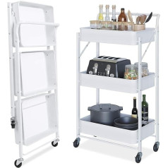 ‎Dripex Dripex Kitchen Trolley, Shelf with Wheels, Foldable Metal Kitchen Trolley, Kitchen Shelf with 3 Levels, All-Purpose Trolley, No Installation Required, White