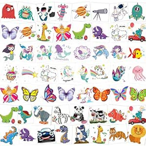 HOWAF Tattoo Children, 96 Tattoo Set Girls Boys Unicorn Mermaid Dinosaur Animals Adhesive Tattoos for Party Bags Children's Birthday Party Favours Skin-friendly Temporary Children's Tattoos