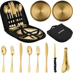 PURPLEBIRD Camping Crockery Set, Gold, 10-Piece Camping Cutlery Set for 2 People, Portable Stainless Steel Picnic Tableware Set with Case, Ideal for Camping, Travel, Hiking and Picnics Outdoor
