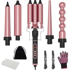 Mqupin Curling Iron Large Curls Set 5 in 1 with 3 Barrels Wave Iron Curlers 80-230°C Adjustable Antistatic Ceramic Coating Curling Iron with Various Attachments for Long/Short Hair
