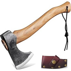 RAGON RIOT Hatchet Axe Survival with Sheath, Axe Wood Columns 33 cm Hand Hatchet Sharp Camping Axe Outdoor Axe Small with Wooden Handle Viking Axe Bushcraft Axe for Father's Day Gift