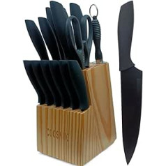 Professional 15-piece kitchen knife set, chef's knife set with wooden knife holder, all-purpose knife, santoku knife, cutting knife, steak knife