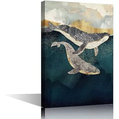 TISHIRON Wall Decor Abstract Whale Oil Painting Canvas Wall Art Animal Picture Modern Home Decor Living Room Bedroom Bathroom Framed and Stretchable Ready to Hang 30x45cm