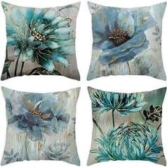 Whoiy Cushion Cover 50x50cm Cushion Cover Decoration Blue Linen Cushion Cover Flowers Roses Cushion Cover