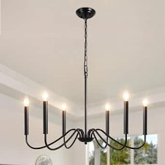 ASHUAQI Vintage Chandelier, 6 Bulbs, Modern Classic Candle, Chandelier, Black, Metal Pendant Light, Dining Table with E14 Socket, Hanging Light for Living Room, Bedroom, Kitchen