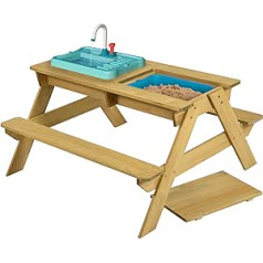 TP Toys TP617 Splash and Play Wooden Picnic Table with Working Faucet, Bowl for Sand and Water Features, Multipurpose Wooden Table for Ages 2 and Above, 130 x 137 x 138 cm, Wood Colour