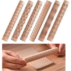 YWNYT 6 x Wooden Clay Roller Clay Modeling Pattern Roller Set Pottery Pattern Roller Clay Roller Textured Wooden Handle Ceramic Carved Tools