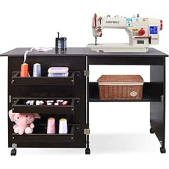 Foldable Sewing Table, Multifunctional Sewing Machine Table, Sewing Craft Closet, Table with Storage Shelves, Portable Rolling Desk, Computer Desk with Lockable Wheels (Dark Brown)