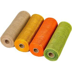 RUSPEPA Deco Poly Mesh Ribbon - 25.4 cm x 9.14 m per roll - Metallic Foil Orange/Gold/Cream/Green Set for Wreaths, Garlands and Decorations - Pack of 4