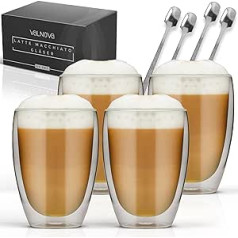 VALNOVA® Latte Macchiato Glasses [4 x 350 ml] - Double-Walled Coffee Glasses with 4 x Spoons - Cappuccino Glasses Made of Borosilicate Glass with Thermal Effect for Hot and Cold Drinks