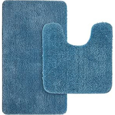 MIULEE Bath Mat, Shower Mat, Bath Mat, Hallway, Set of 2, Non-Slip Mat, Rugs, Bathroom Rug, Washable, Absorbent for Bathroom, Living Room, 40 x 60 cm and 45 x 45 cm with Cut-Out, Blue