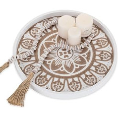 Hanobe Decorative Tray Serving Tray Round: Rustic White Wooden Tray Boho Flowers Pattern Wood Small Trays for Coffee Kitchen Ottoman, 30 cm