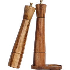 DeroTeno Salt and Pepper Mill Set with Mill Coaster, Adjustable Ceramic Grinder, Salt Mill, Stainless Steel Grinder, Pepper Mill, Acacia Wood, 32 cm Height, Base DIA 6 cm